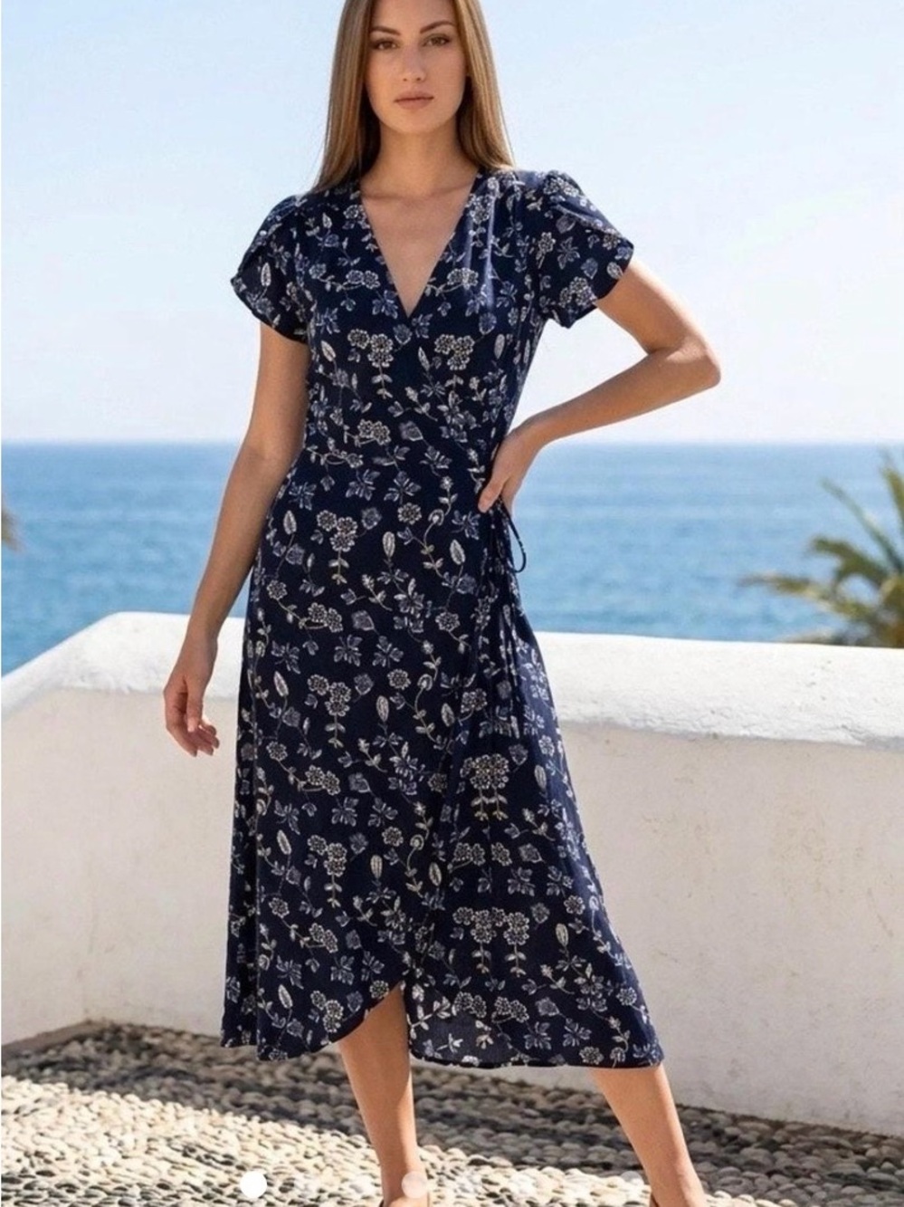 GAP Navy Floral Wrap Midi Dress